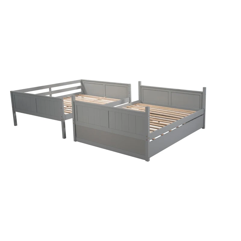 Full-Over-Full Bunk Bed with Space-Saving Pullout Trundle, Space-Saving Bed Frame with 2 Separate Beds, 79.5" L x 57" W x 60" H, Gray