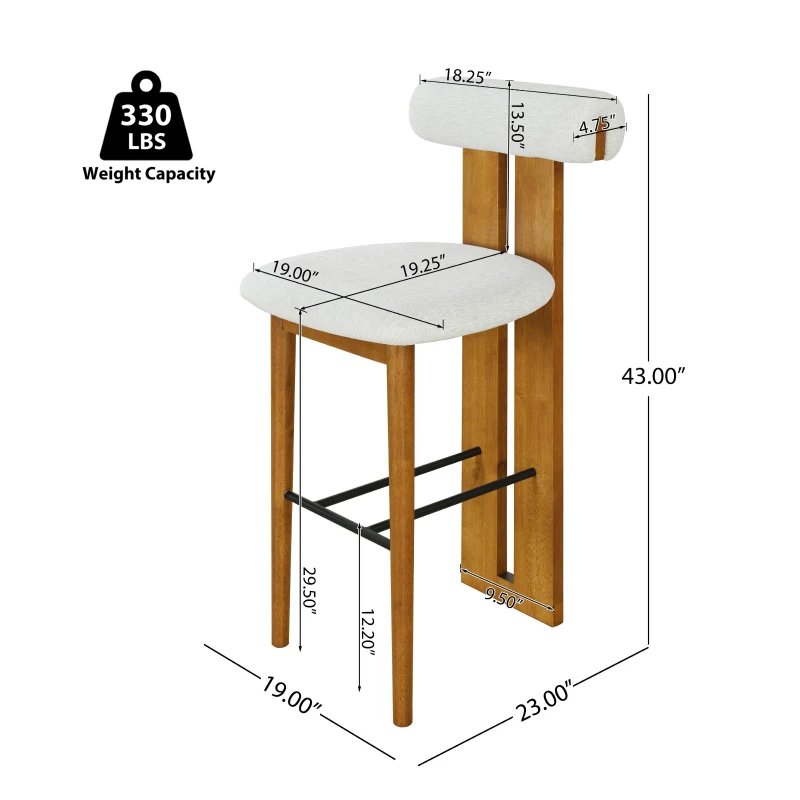 Indoor Modern Bar Stools Set of 2 with Rubber Wood Frame, Fixed Non-Swivel Bar Chairs with Sturdy Metal Footrest, 19'' L x 23'' W x 43'' H, Ivory+Walnut