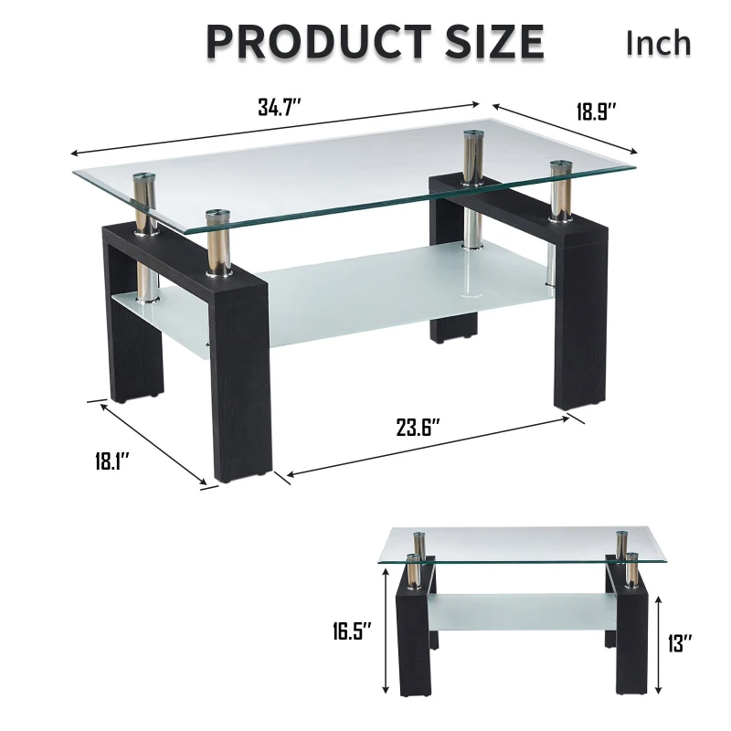 Modern 2-Tier Glass Coffee Table with Double-Layer Clear Top, Space-Saving Center Table with Sturdy Supporting Legs, 34.5'' L x 19'' W x 16.5'' H, Black
