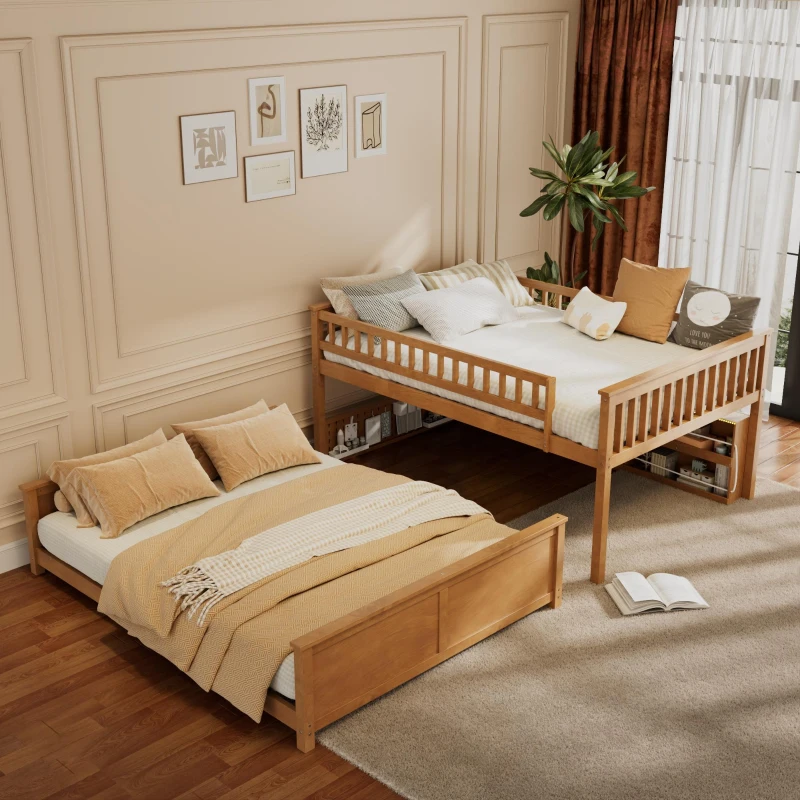 Full XL Over Queen Bunk Bed with Bulit-In Storage Shelf and Safety Rope, Useful Bed Frame with Pegboard Side Panel, 83.5" L x 62.5" W x 59" H, Brown