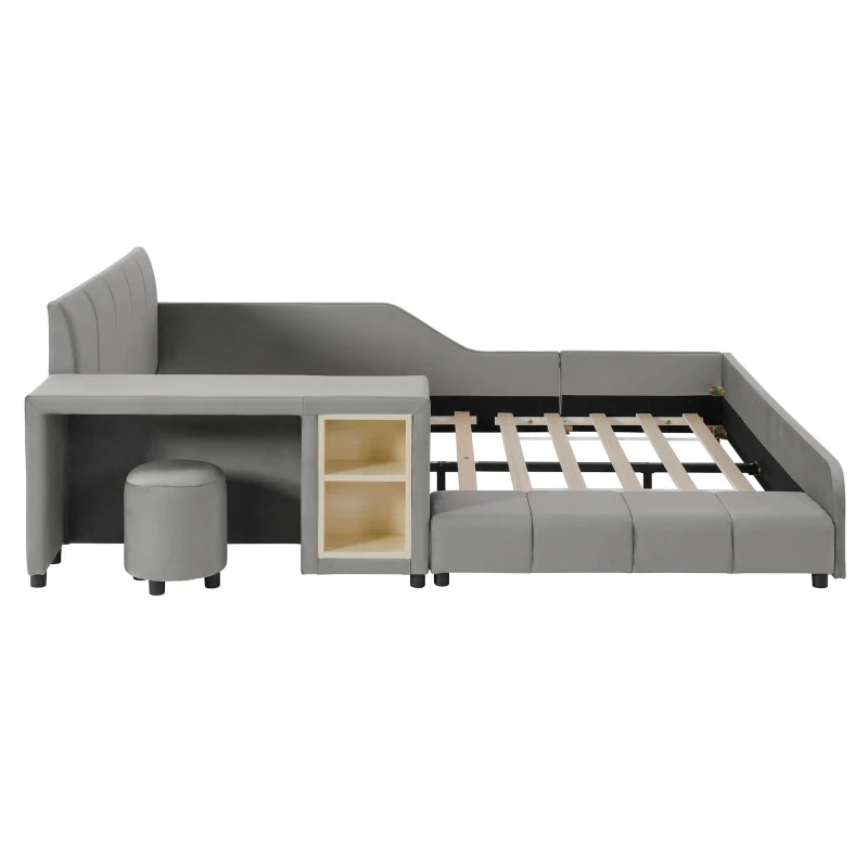 Full Size Upholstered Platform Bed with Bedside Desk and Stool, Cozy Bed Frame with Streamlined Structure, 79.5" L x 68" W x 28" H, Gray