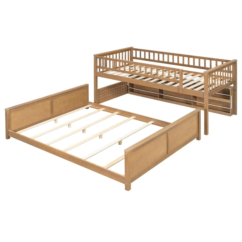 Twin XL Over Queen Bunk Bed with Built-In Storage Shelf and Safety Rope, Useful Bed Frame with Pegboard Side Panel, 83.5" L x 62.5" W x 59" H, Brown