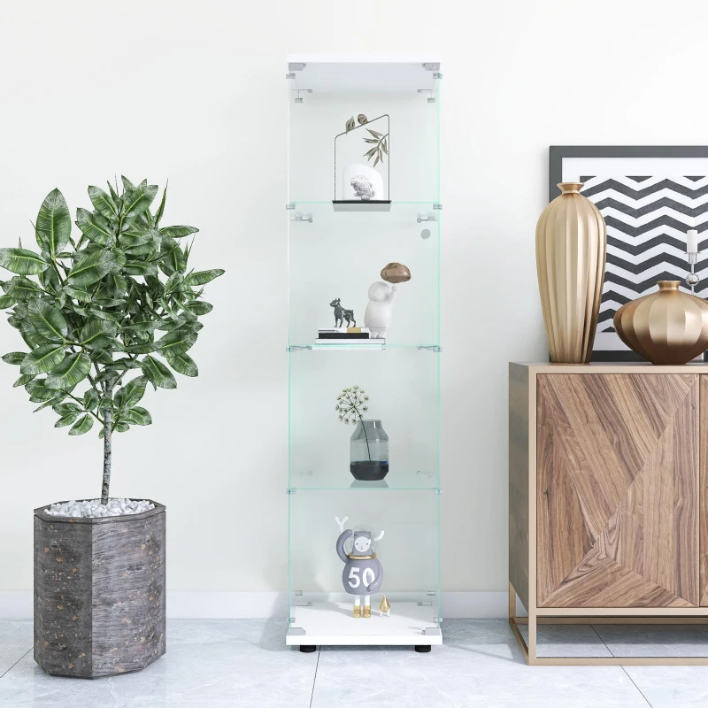 Glass Display Cabinet with Adjustable Feet and Safety Bumpers, Floor-Standing Curio Bookshelf with Tempered Glass, 16.5'' L x 14.5'' W x 64.5'' H, White