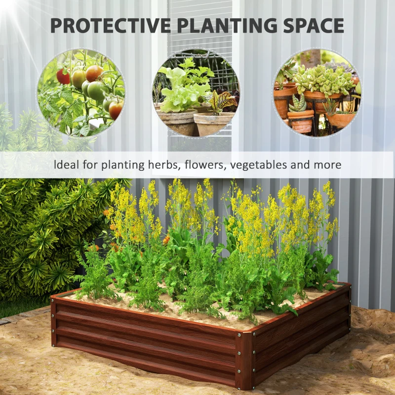 Outsunny 4' x 4' x 1' Raised Garden Bed Galvanized Steel Planter Box for Vegetables, Flowers, Herbs, Dark Brown Wood Effect