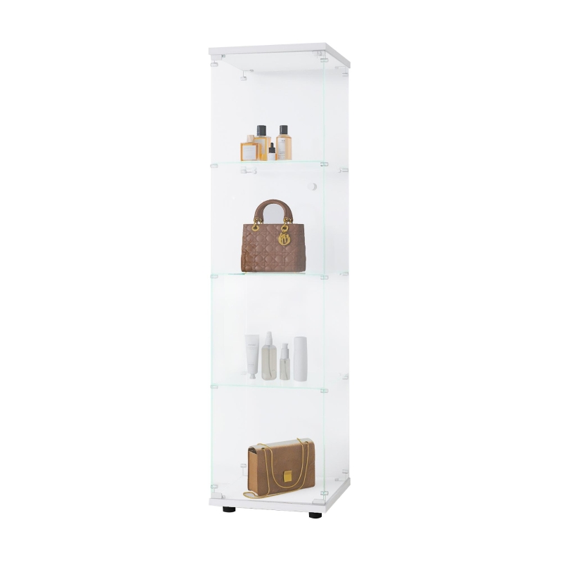 Glass Display Cabinet with Adjustable Feet and Safety Bumpers, Floor-Standing Curio Bookshelf with Tempered Glass, 16.5'' L x 14.5'' W x 64.5'' H, White