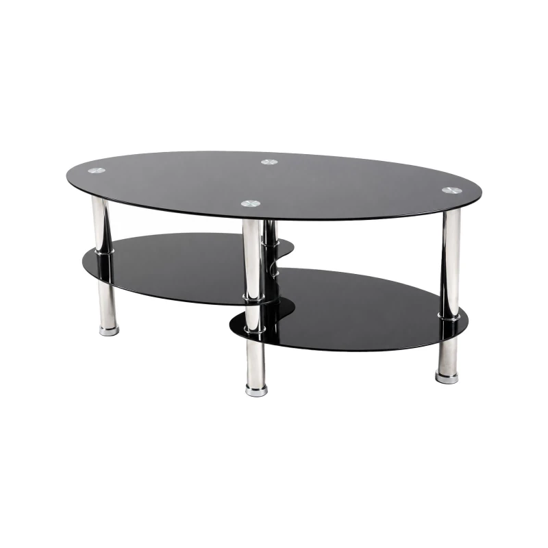 Oval Tempered Glass Coffee Table with Stainless Steel Legs, Modern Living Room Centre Table with Rounded Edges, 34.5'' L x 19'' W x 16'' H, Black