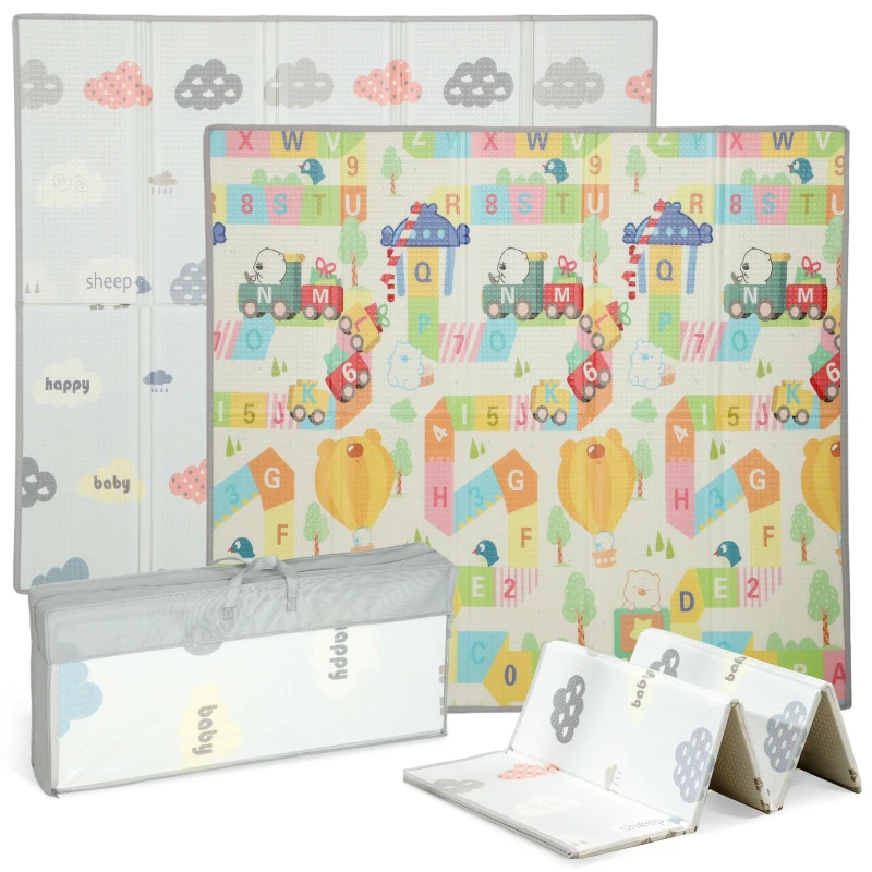 Qaba Foldable & Reversible Baby Play Mat, 79" x 71" Foam Floor Mat, Non-Slip Waterproof Crawling, Alphabet & Cloud Design