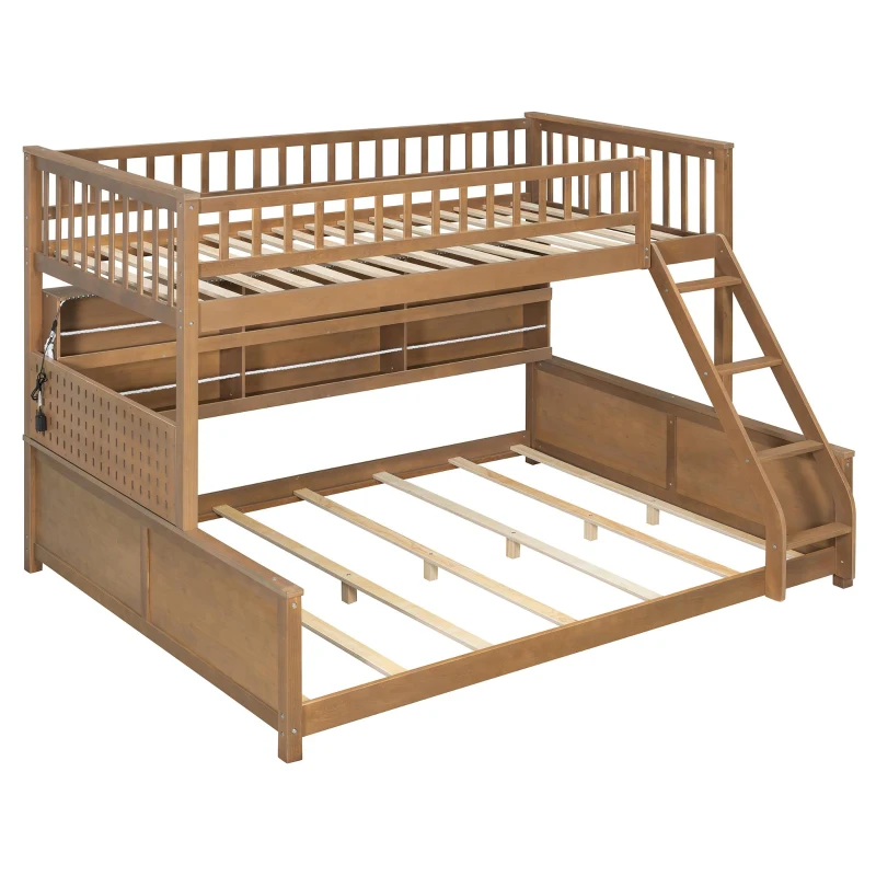 Twin XL Over Queen Bunk Bed with Built-In Storage Shelf and Safety Rope, Useful Bed Frame with Pegboard Side Panel, 83.5" L x 62.5" W x 59" H, Brown