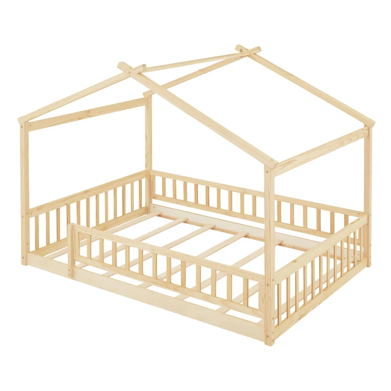Full Size Wood House Bed with Roof and Fence, Sturdy Pinewood Bed Frame for Kids and Teens, 79.5" L x 57" W x 63" H, Natural