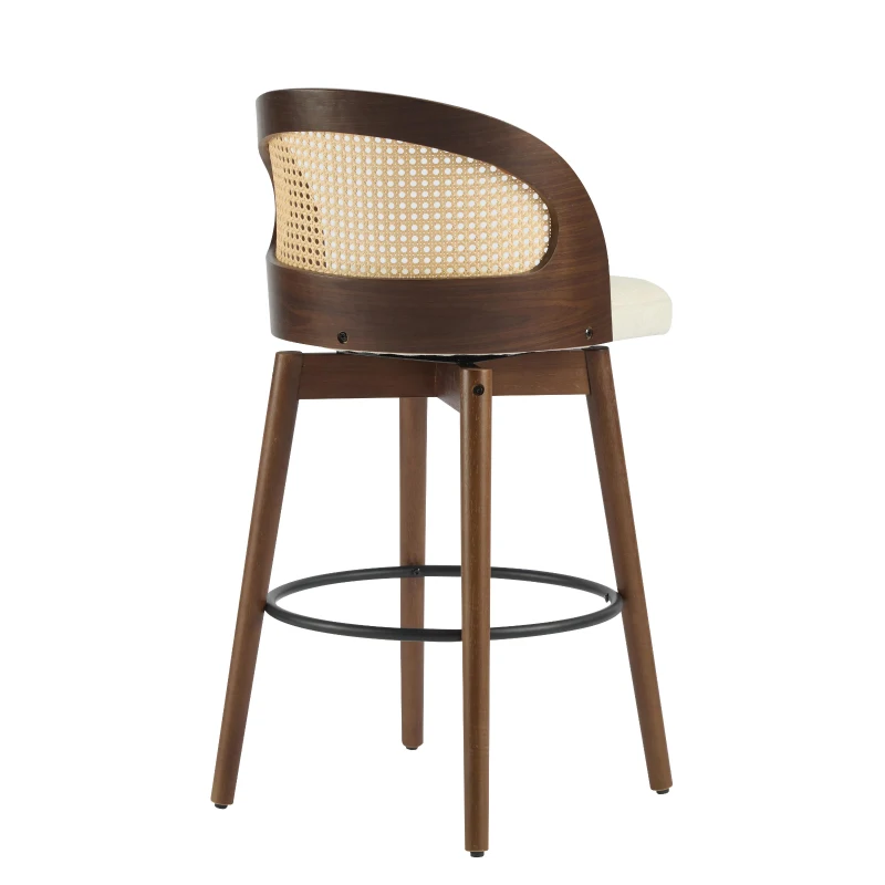 Swivel Bar Chairs with Ergonomic Curved Back, Cozy Stools with Hand‑Woven PE Cane Back, 18" L x 19" W x 35.5" H, Beige+Walnut