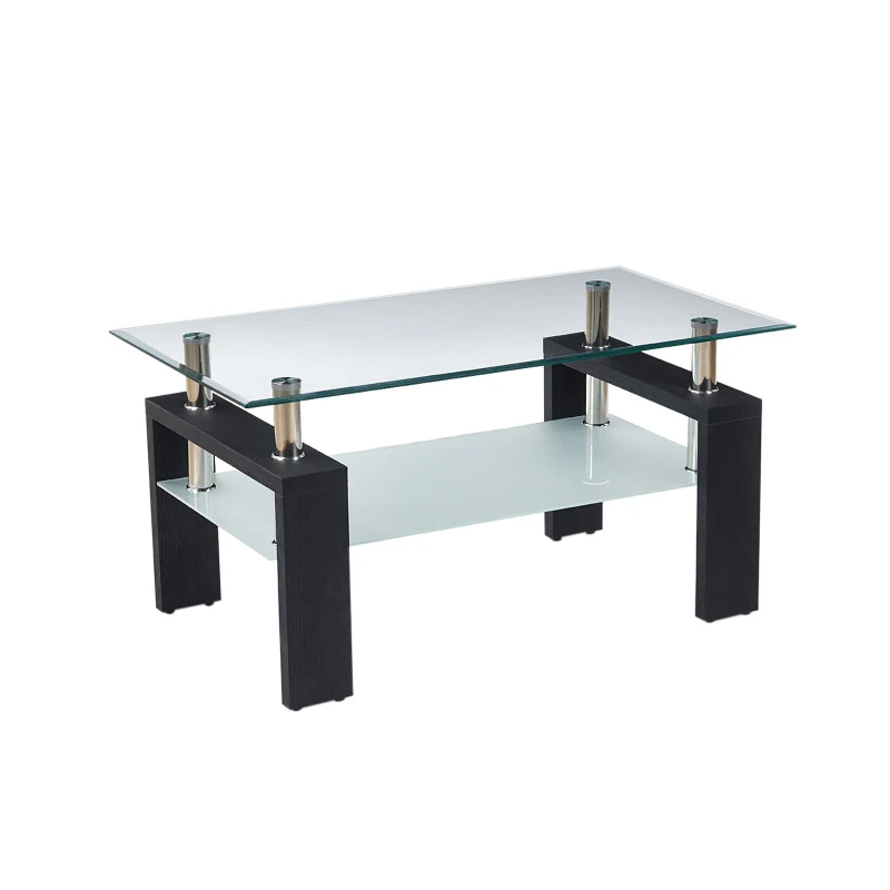 Modern 2-Tier Glass Coffee Table with Double-Layer Clear Top, Space-Saving Center Table with Sturdy Supporting Legs, 34.5'' L x 19'' W x 16.5'' H, Black