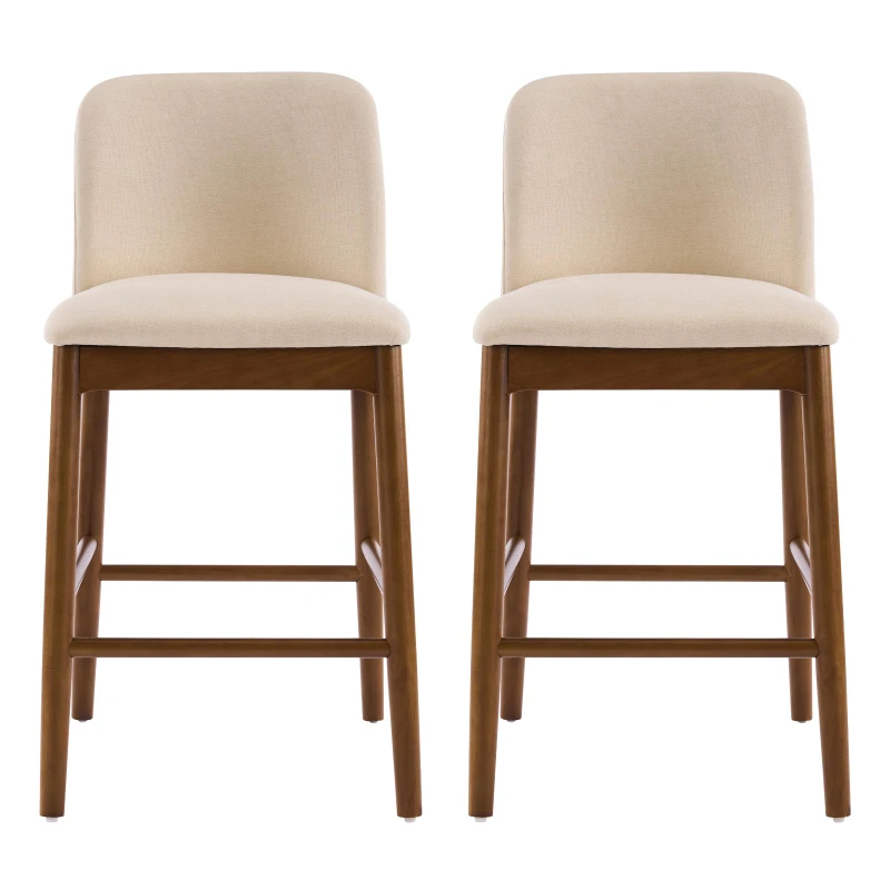 Cozy Lois Indoor Upholstered Wooden Stools with Padded Soft Fabric, Sturdy Bar Chairs with Footrest, 19" L x 22" W x 37" H, Beige+Walnut