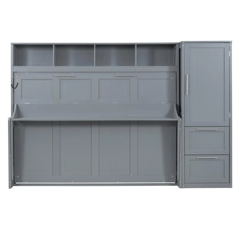 Queen Size Murphy Wall Bed with Storage Shelf, Space‑Saving Bed Frame with Integrated Closet and 2 Drawers, 112" L x 65" W x 78.5" H, Gray