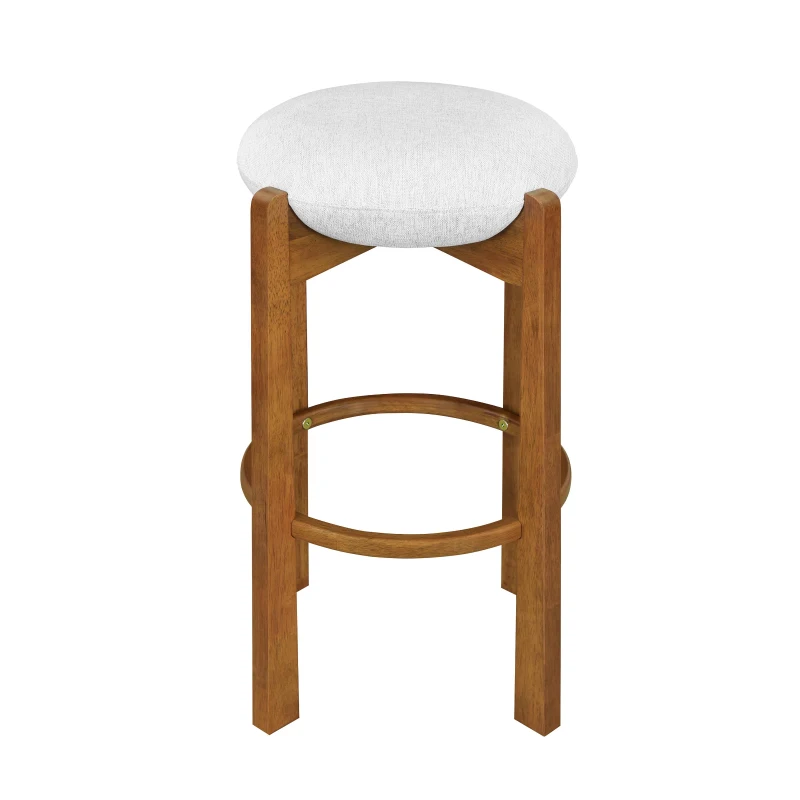 Indoor Round Seat Bar Stools with Solid Wood Frame, Rubberwood Bar Chairs with Padded Upholstered Seat, 19.5'' L x 19.5'' W x 30'' H, Ivory+Walnut