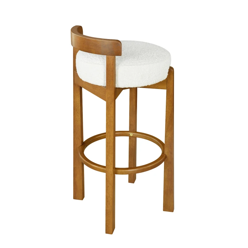 Modern Round Seat Bar Stools with Ergonomic Curved Backrest, Sherpa Padded Chairs with Integrated Footrest, 16'' L x 16.5'' W x 34'' H, Walnut+White