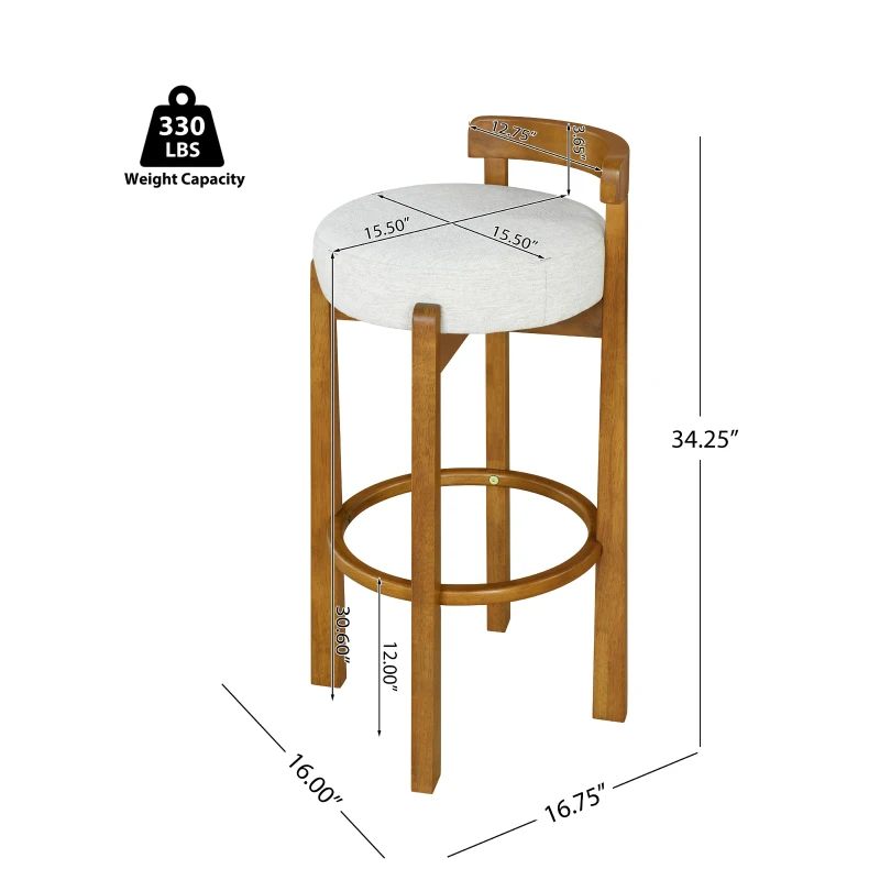 Modern Round Seat Bar Stools with Ergonomic Curved Backrest, Sherpa Padded Chairs with Integrated Footrest, 16'' L x 16.5'' W x 34'' H, Ivory+Walnut