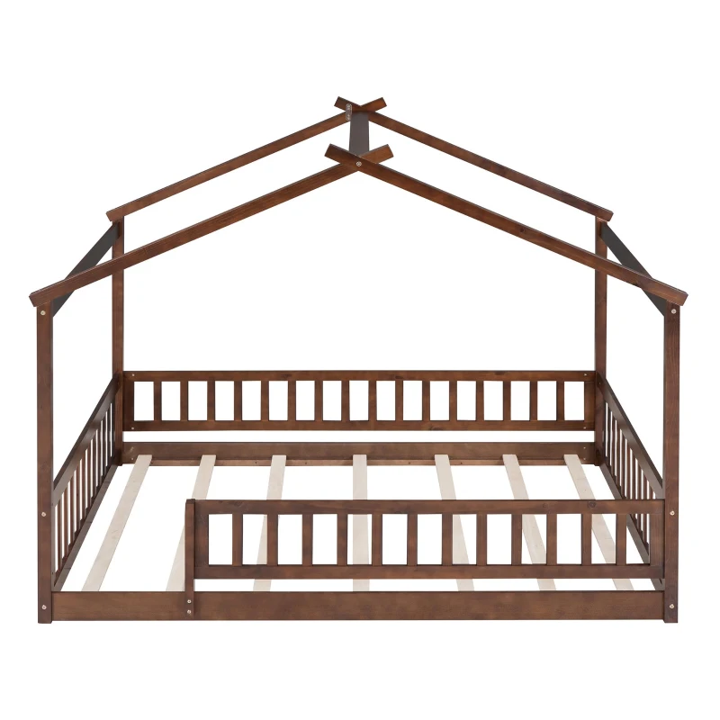 Full Size Wood House Bed with Roof and Fence, Sturdy Pinewood Bed Frame for Kids and Teens, 79.5" L x 57" W x 63" H, Walnut