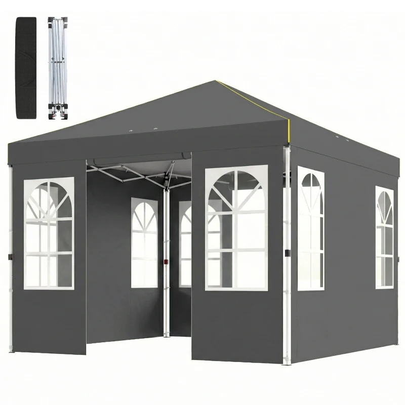 Outsunny 9.6 x 9.6 ft Pop Up Canopy Tent with 4 Sidewalls, UPF 50+ 1-Button Push Easy Setup Outdoor Instant Canopy, Dark Grey