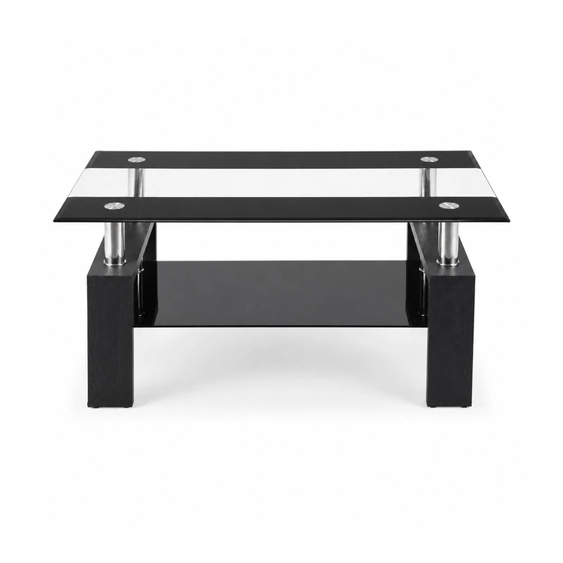 Tempered Glass Coffee Table with Tempered Glass Top, Space-Saving Center Table with Sturdy Legs, 34.5'' L x 18.5'' W x 17.5'' H, Black+Transparent