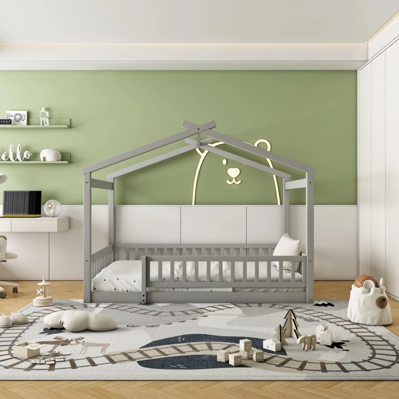 Full Size Wood House Bed with Roof and Fence, Sturdy Pinewood Bed Frame for Kids and Teens, 79.5" L x 57" W x 63" H, Gray