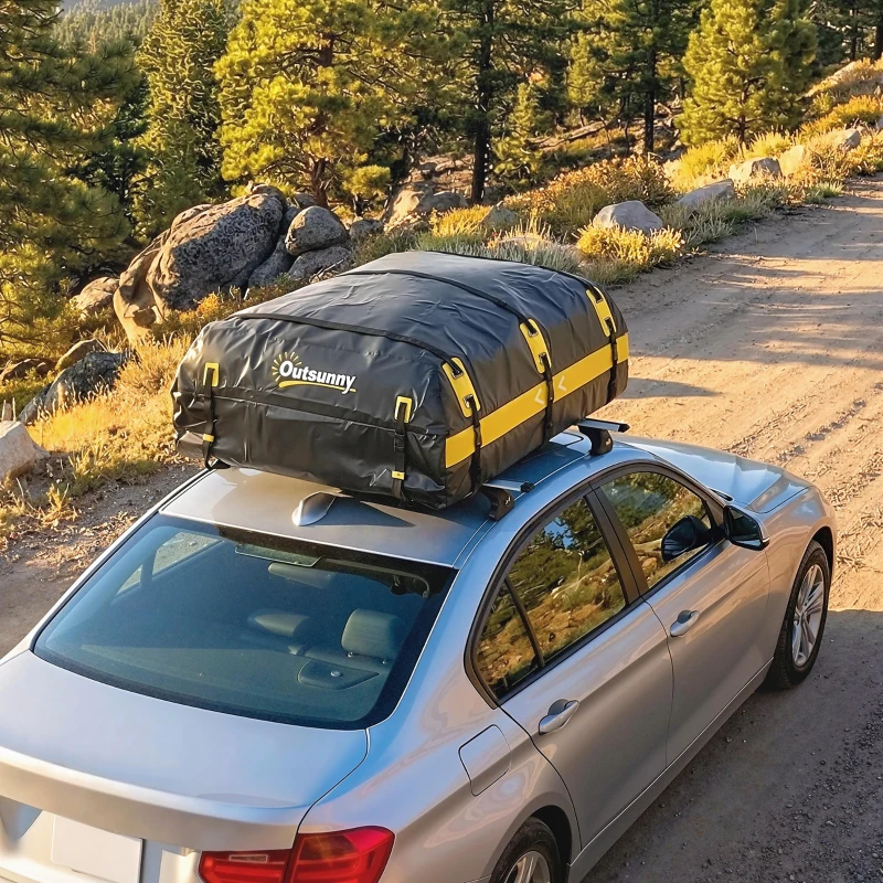 Outsunny Rooftop Cargo Carrier, 21 Cubic Feet Waterproof Soft-Shell Car Roof Storage Bag w/ Door Hooks, Reflective Arrows, Yellow