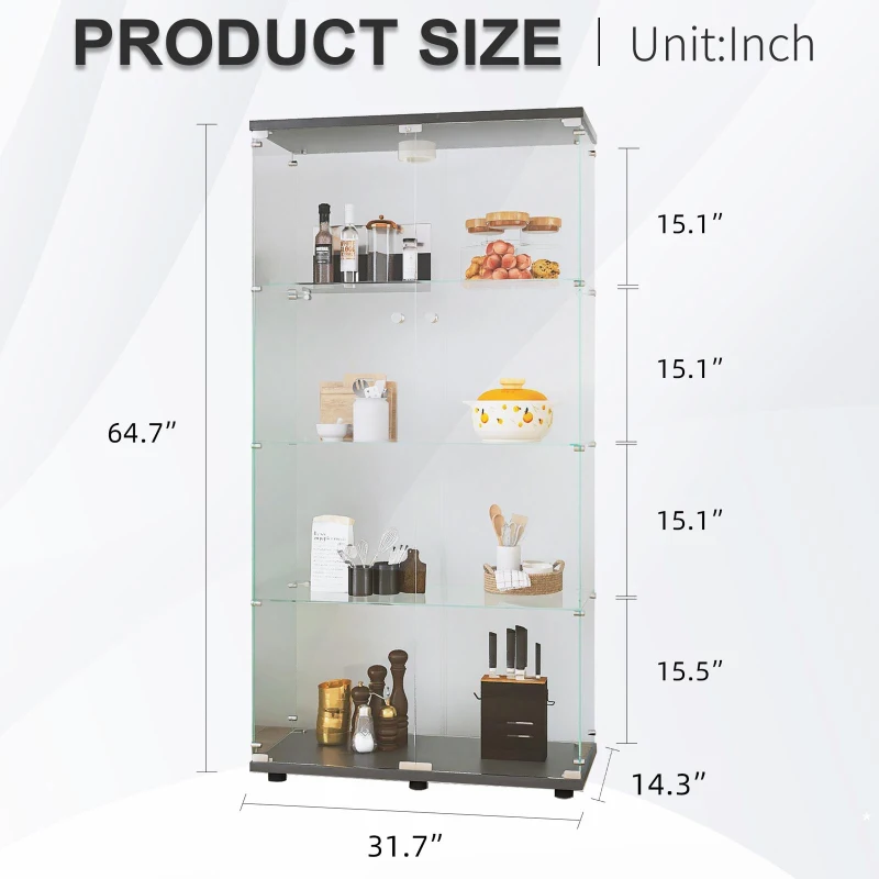 Solid Glass Floor-Standing Showcase with Built-In LED Lighting, LED Glass Display Cabinet with Lockable Doors, 31.5'' L x 14.5'' W x 64.5'' H, Black