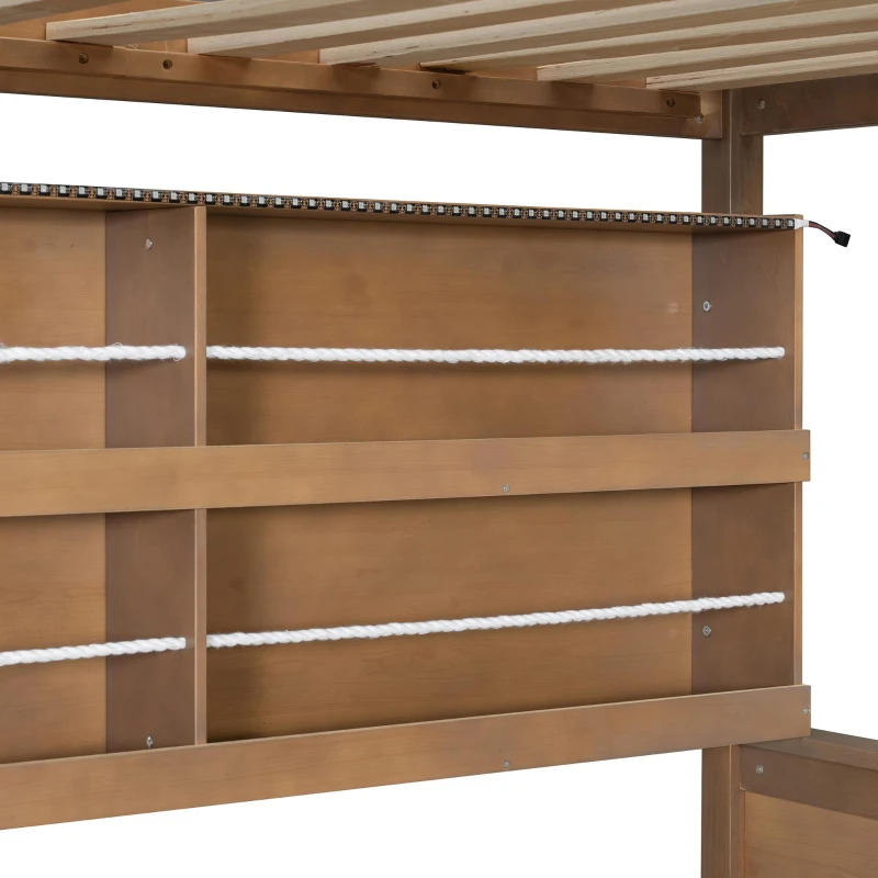 Full Over Full Bunk Bed with Convenient Storage Headboard, Unique Bed Frame with Multi-Color Light Strip, 79" L x 57.5" W x 57" H, Brown