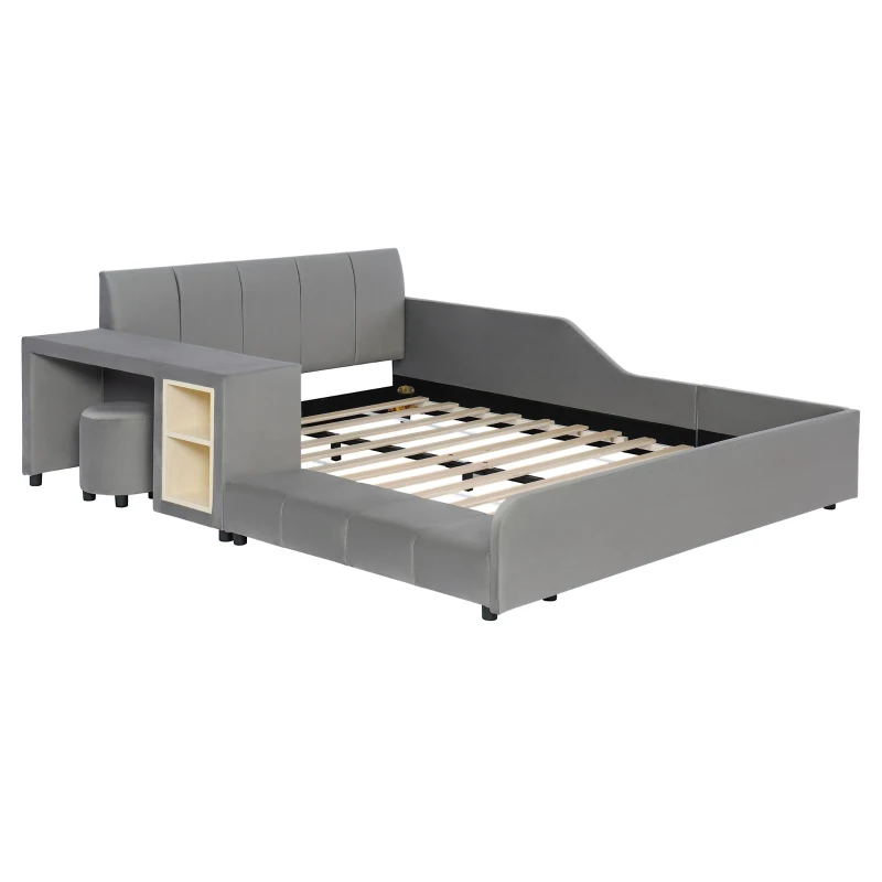 Full Size Upholstered Platform Bed with Bedside Desk and Stool, Cozy Bed Frame with Streamlined Structure, 79.5" L x 68" W x 28" H, Gray
