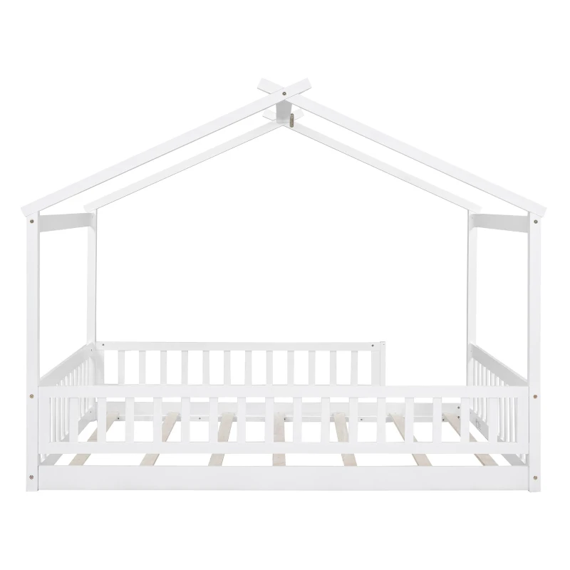 Full Size Wood House Bed with Roof and Fence, Sturdy Pinewood Bed Frame for Kids and Teens, 79.5" L x 57" W x 63" H, White