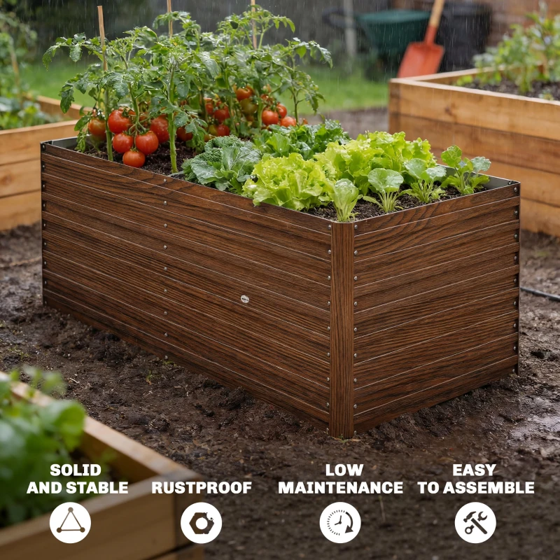 Outsunny 5' x 3' x 2' Raised Garden Bed, Galvanized Planter Box for Growing Flowers, Herbs and Vegetables Dark Brown Wood Effect