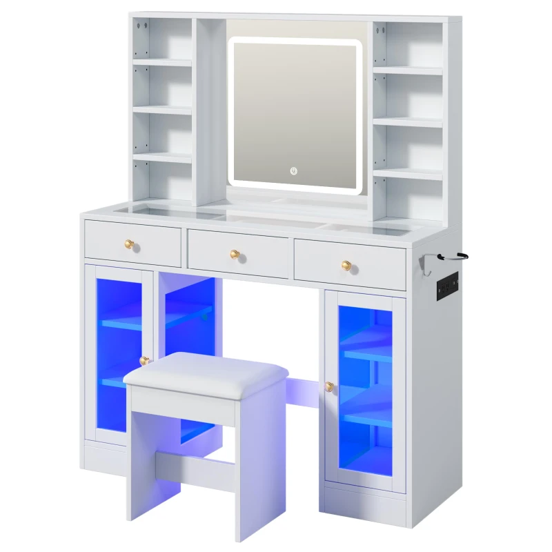 Aesthetic Makeup Vanity Desk with LED Mirror and Adjustable RGB Lights, Spacious Makeup Vanity with 6 Drawers, 44.5" L x 15.5" W x 55" H, White