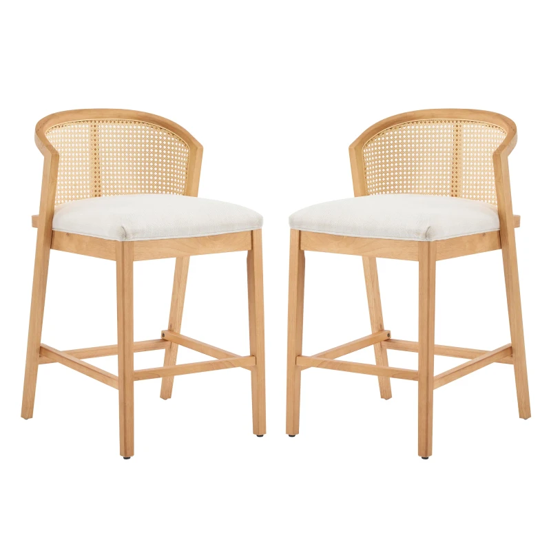 Cozy Counter Stools with Padded Upholstered Seat, Rubberwood Bar Chairs with Reinforced Footrest, 20.5" L x 22.5" W x 6" H, Beige+Natural