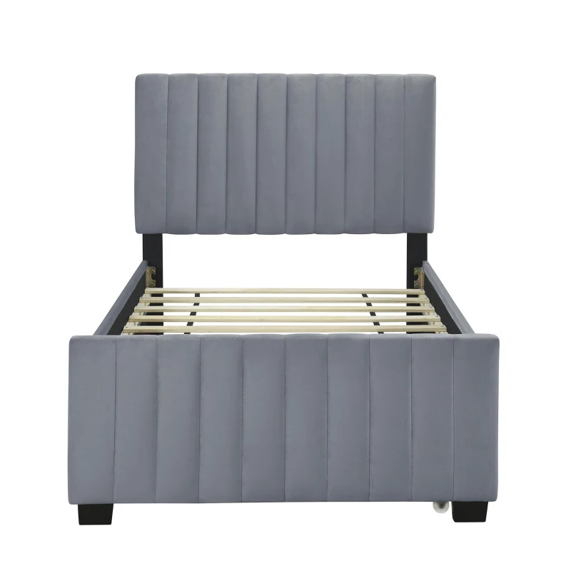 Space-Saving Twin Size Upholstered Platform Bed with Trundle Under Bed, Cozy Bed Frame with Velvet Fabric, 80" L x 41.5" W x 42.5" H, Gray