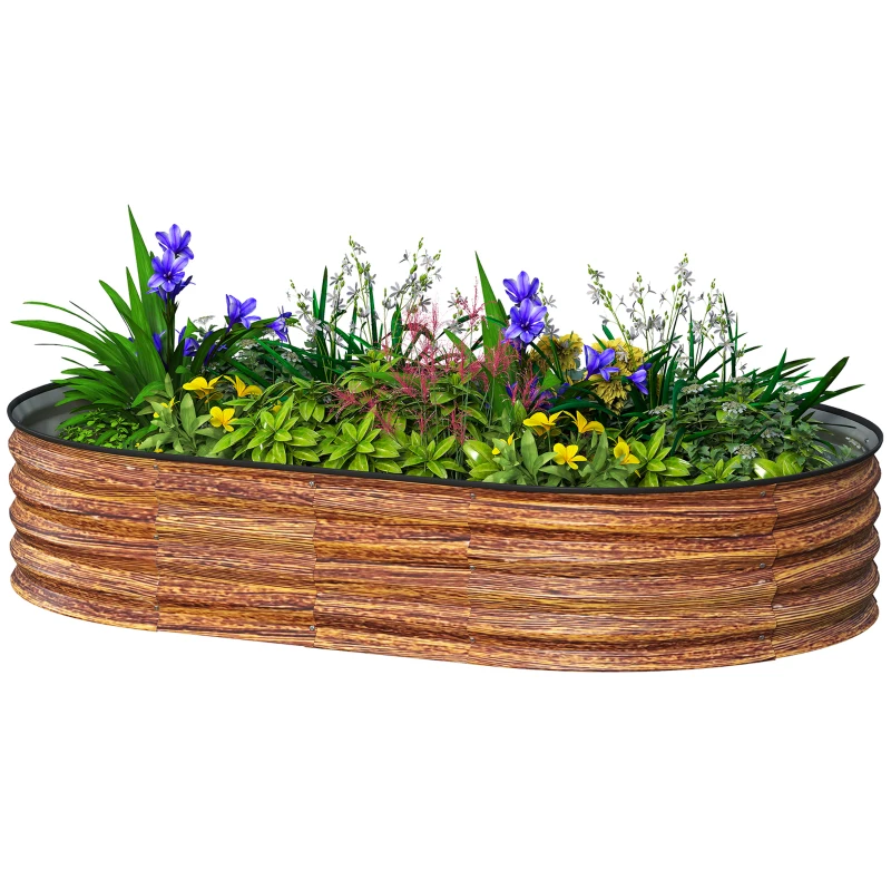 Outsunny 5' x 3' x 1' Large Outdoor Planter Box, Galvanized Raised Garden Bed with Metal Plant Stake, Brown Wood Effect