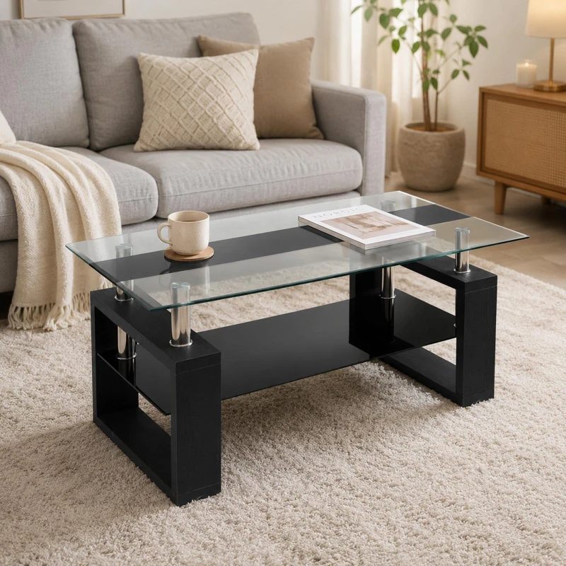 Modern Glass Coffee Table with Wood-Grain MDF Legs, Minimalist Center Table with 2-Tier Storage, 34.5'' L x 18.5'' W x 17.5'' H, Black