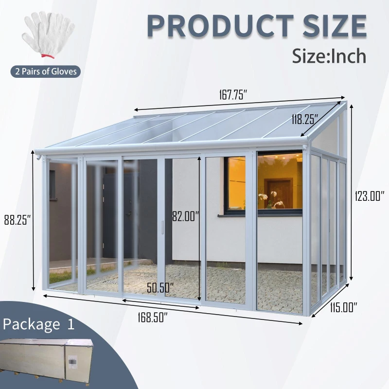 Weatherproof Sunroom Kit with 3 Lockable Sliding Doors, Enclosed Patio Cover with Aluminium Alloy Frame, 168.5'' L x 115'' W x 123'' H, White