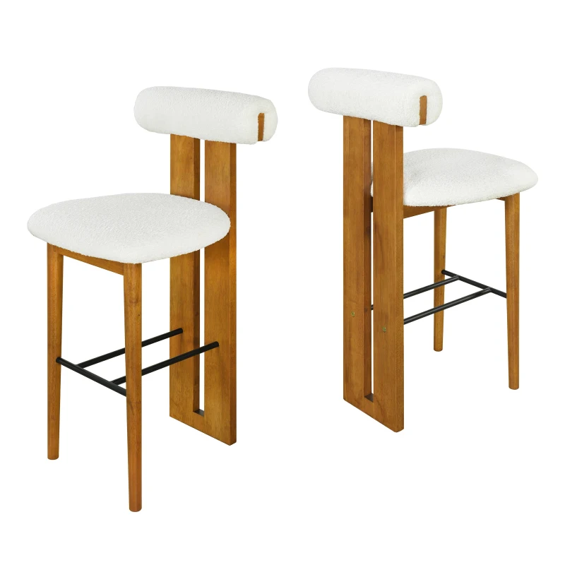 Modern Bar Stool Set of 2 with Premium Rubber Wood Frame, Indoor Bar Chairs with Ergonomic Cylindrical Backrest, 19'' L x 23'' W x 43'' H, Walnut+White