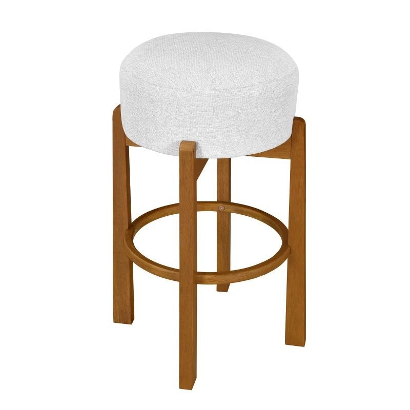 Round Bar Stool Set of 2 with Padded Upholstered Seat, Non-Swivel Bar Chairs with Ivory Upholstered Cushion, 19.5'' L x 19.5'' W x 30'' H, Ivory+Walnut