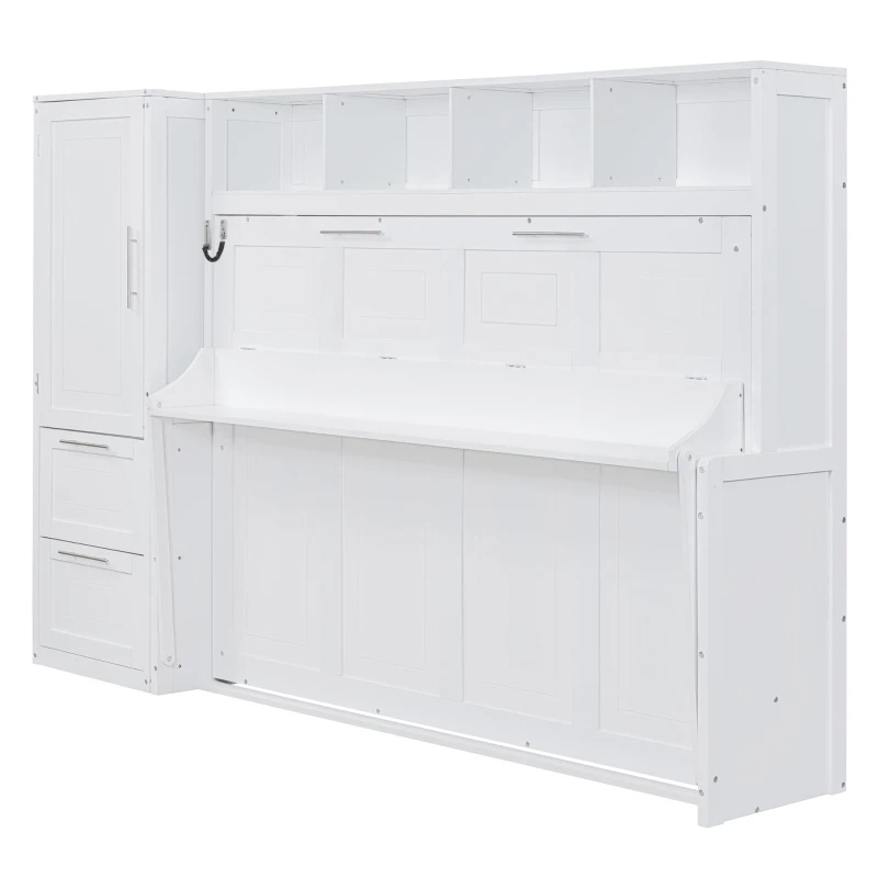 Space-Saving Full Size Murphy Wall Bed with Integrated Shelf, Customizable Bed Frame with Closet and 2 Drawers, 107.5" L x 58" W x 72" H, White