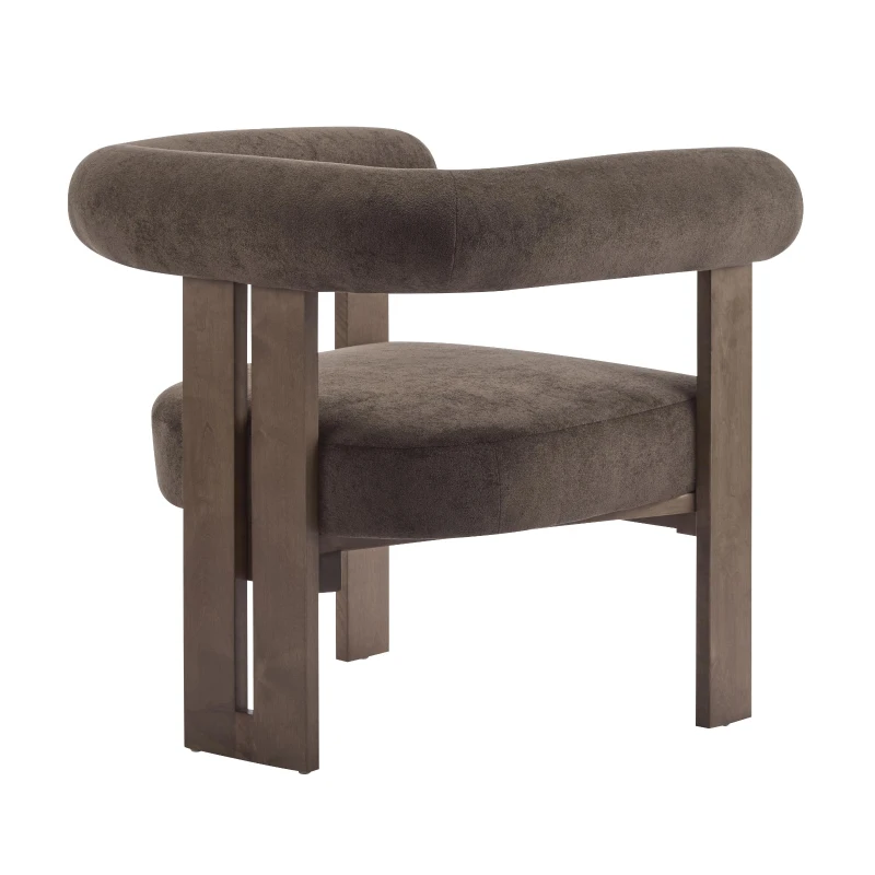 Round Arm Accent Chair with Velvet Upholstery, Curved Backrest Armchair with Solid Birch Wood Base, 31'' L x 29'' W x 30'' H, Dark Brown+Walnut
