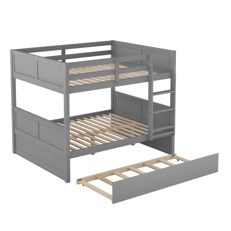 Full-Over-Full Bunk Bed with Space-Saving Pullout Trundle, Space-Saving Bed Frame with 2 Separate Beds, 79.5" L x 57" W x 60" H, Gray