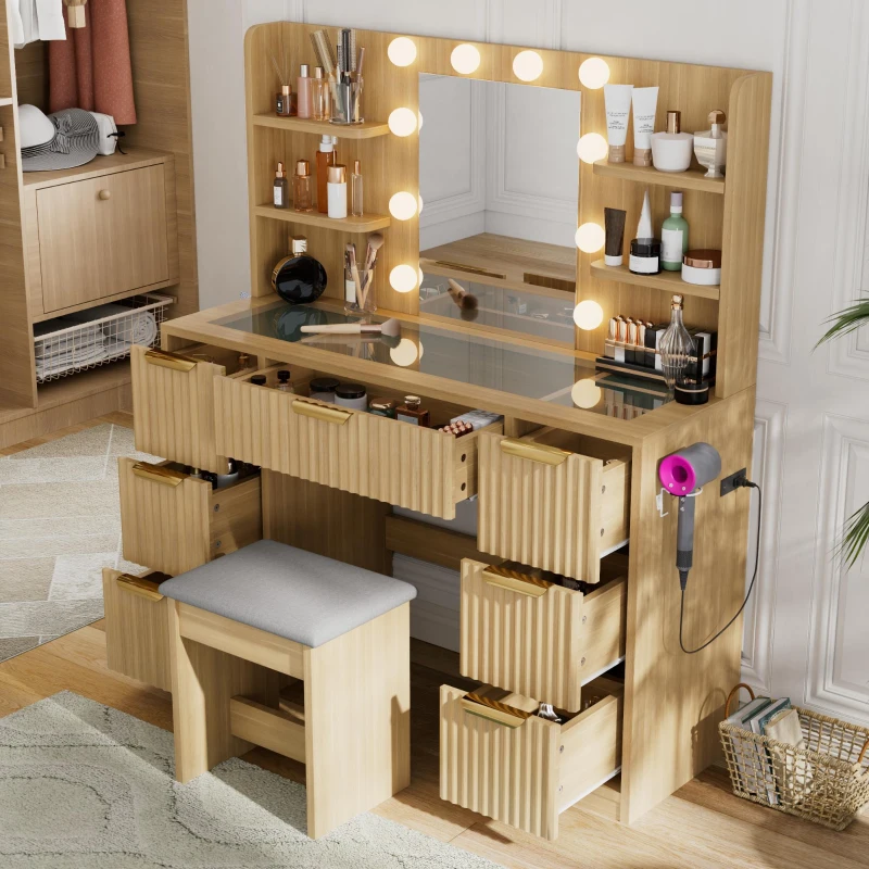 Spacious Makeup Vanity Desk with 3 Shelves and 7 Drawers, Functional Makeup Vanity with LED Mirror, 47" L x 15.5" W x 53.5" H, Natural Wood