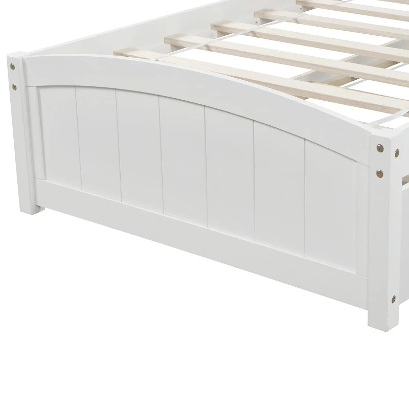 Space-Savimg Twin Size Wood Platform Bed with Roll-Out Trundle, Solid Bed Frame with 10 Supporting Slats, 79.5" L x 41.5" W x 37.5" H, White