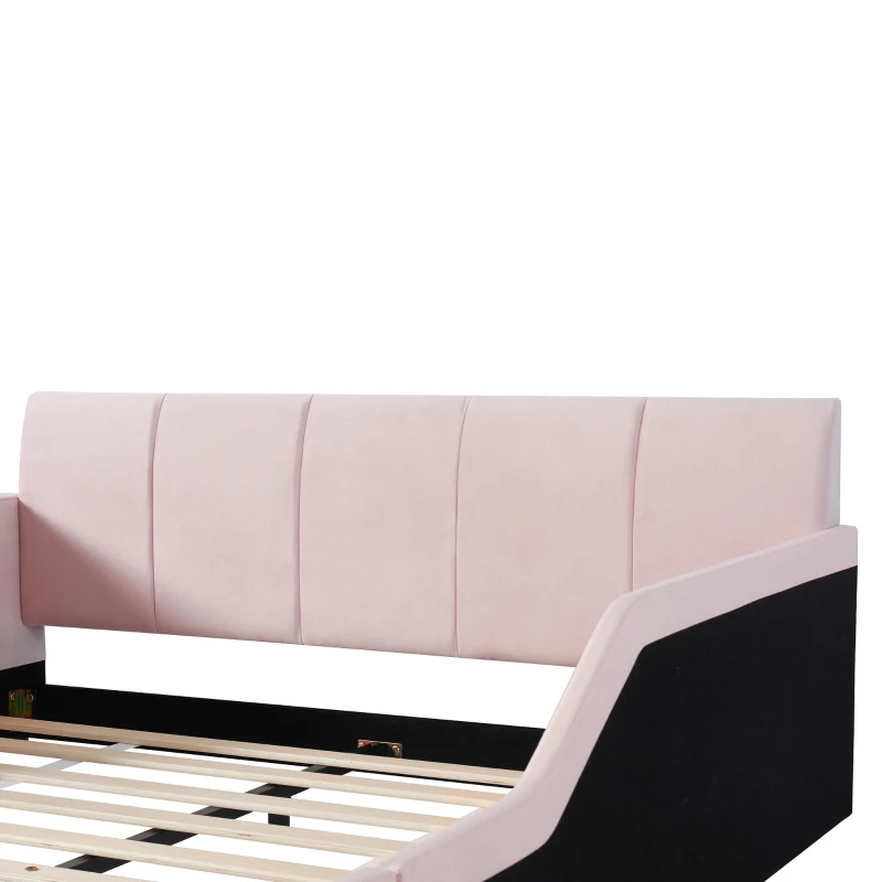Queen-Size Upholstered Platform Bed with Bedside Desk and Stool, Cozy Bed Frame with Streamlined Structure, 84.5" L x 74" W x 28" H, Pink