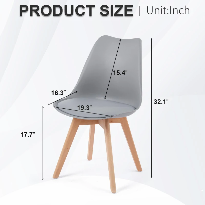 Modern Dining Chairs with Ergonomic High-Density Foam Backrest, Wooden-Legged Side Chairs with PU Leather Upholstery, 19.5L x 16.5W x 32H, Grey