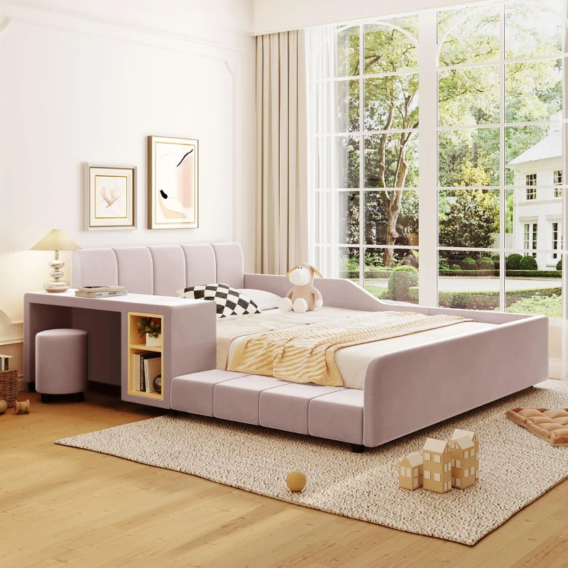 Full Size Upholstered Platform Bed with Bedside Desk and Stool, Cozy Bed Frame with Streamlined Structure, 79.5" L x 68" W x 28" H, Pink