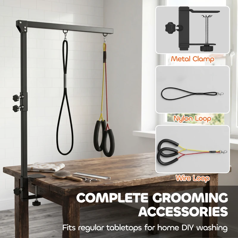 PawHut Dog Grooming Arm with Clamp Adjustable Foldable Dog Grooming 2 Loop Noose Small Medium Dogs 18.9" -32.3" Black