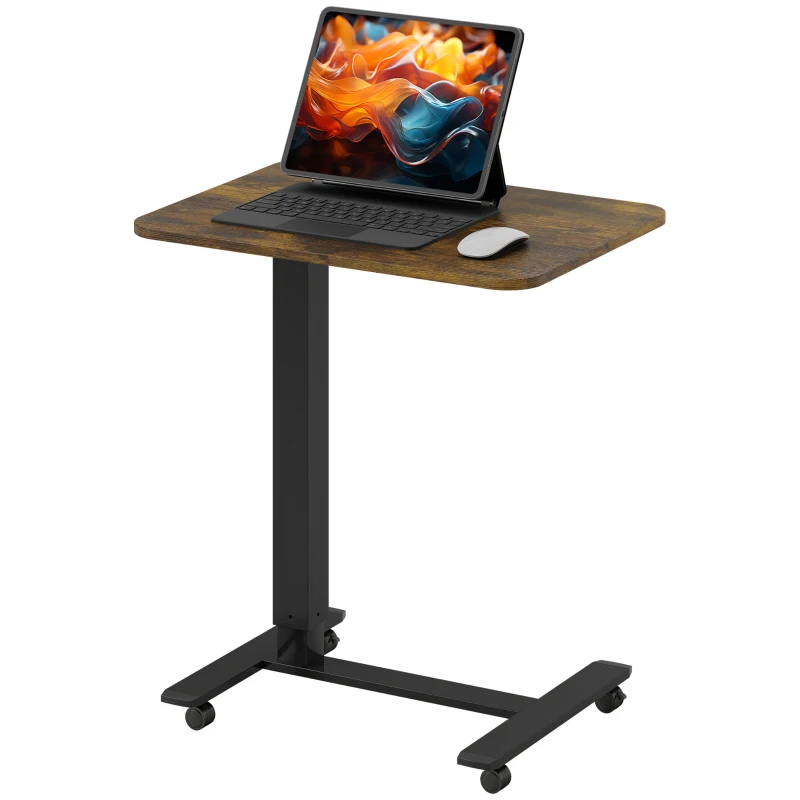 HOMCOM Pneumatic Standing Desk Adjustable Height, Mobile Stand Up Desk with Wheels, 43 Inch Rolling Table, Rustic Brown