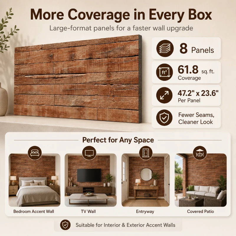 HOMCOM 8-Pack 3D Faux Wood Wall Panels, Lightweight Polyurethane Panels for Interior and Exterior Accent Walls, Brown