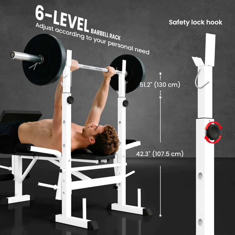 Soozier Bench Press Set Adjustable Weight Bench with Squat Rack, Preacher Curl Pad, Leg Developer and Weight Storage, White